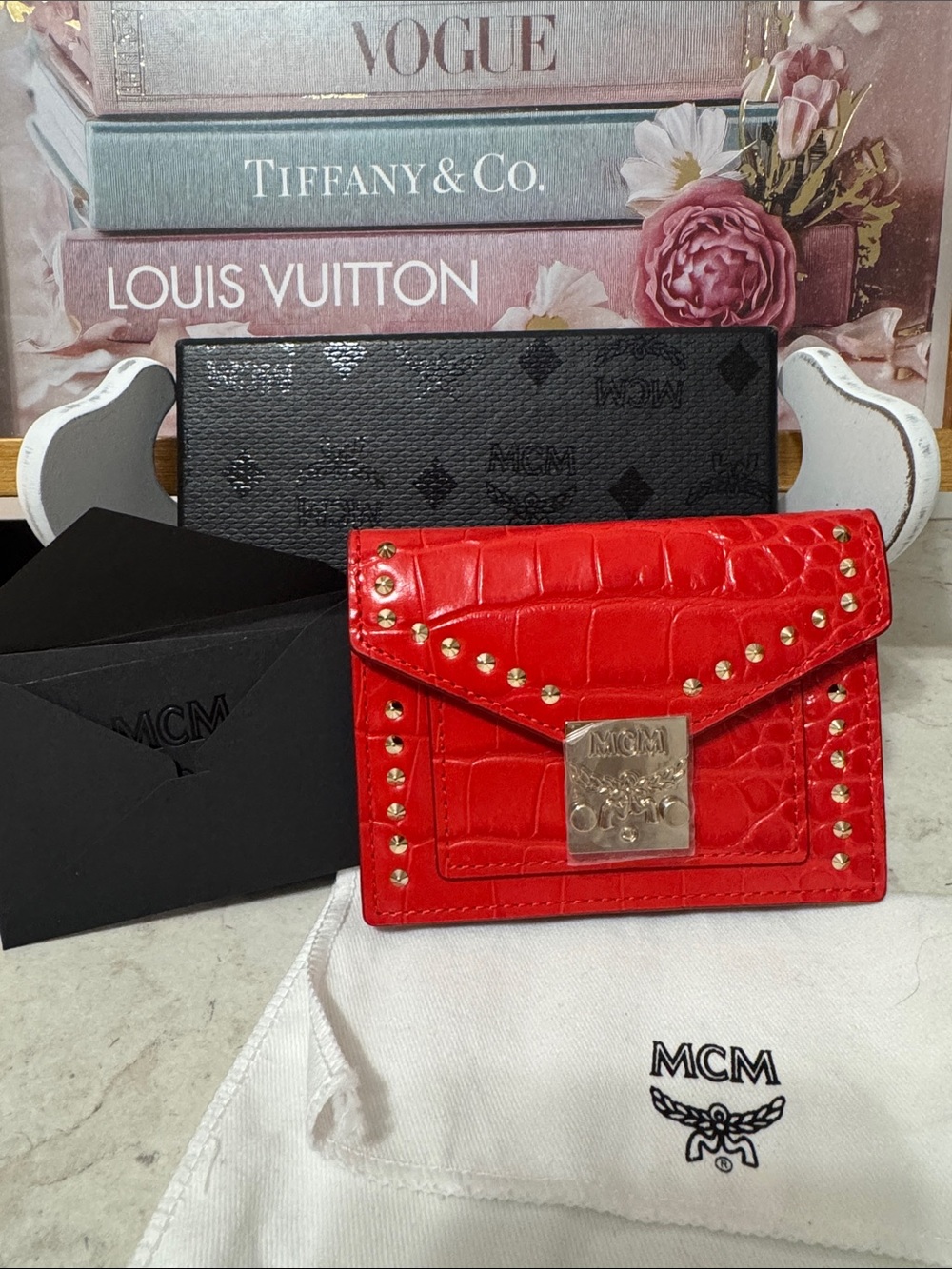 MCM Red Croc-Embossed Studded Envelope card and coin pouch with Gold Plate BNWOT